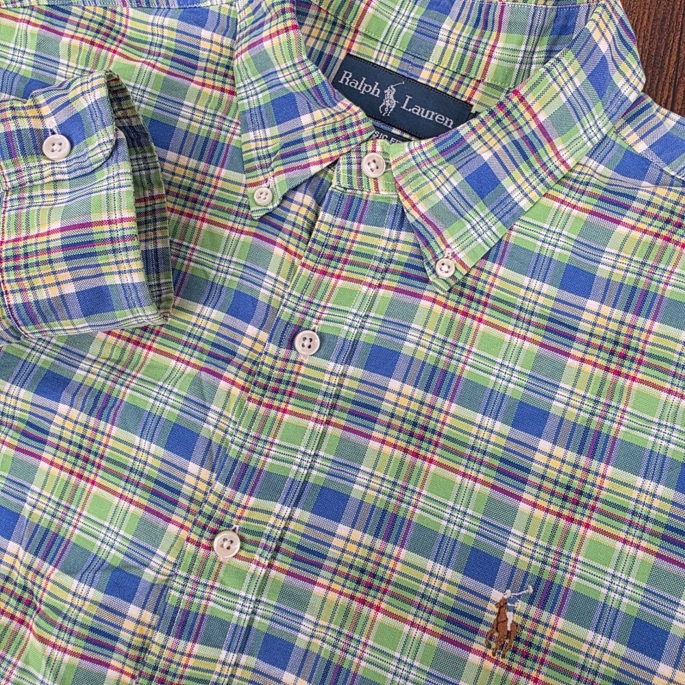 Polo Ralph Lauren Classic‎ Fit Button Down Mens XL Green Blue Plaid Long Sleeve